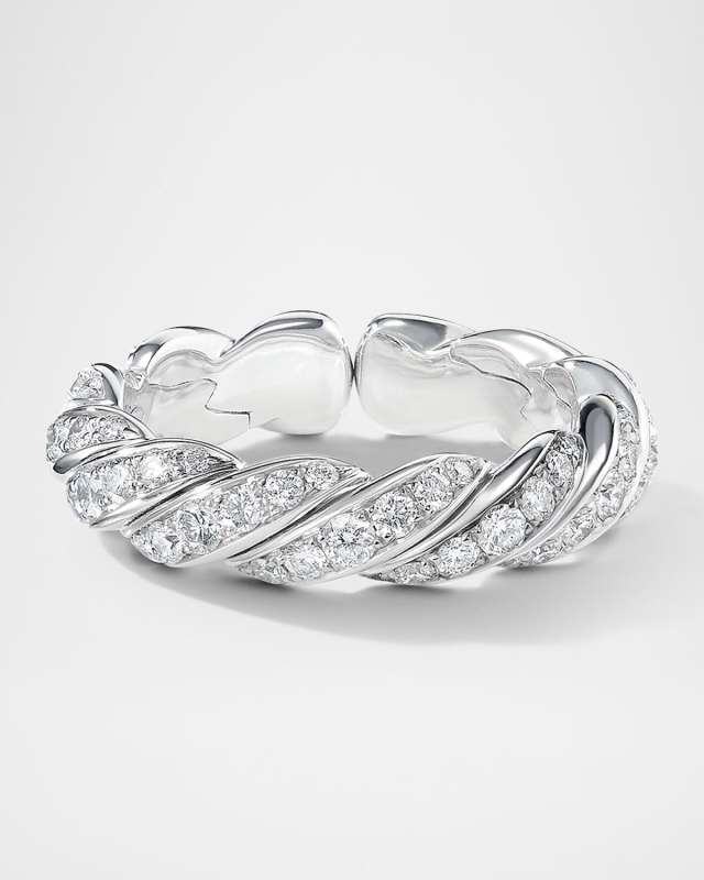 Sculpted Cable Flex Band Ring in 18K White Gold with Diamonds, 5mm
